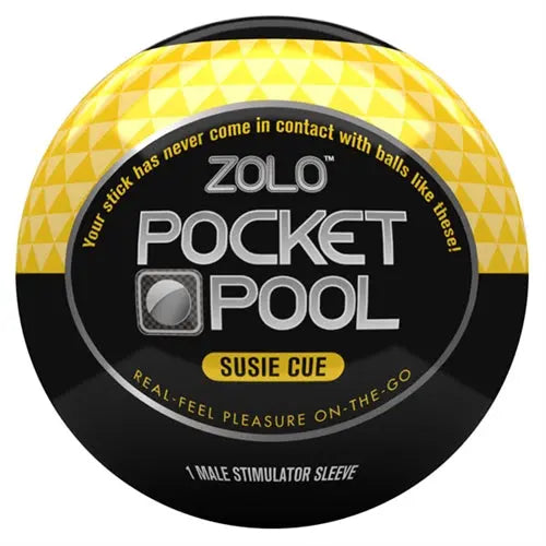 Yellow Pocket Pool ball with Zolo Susie Cue label and On-The-Go sleeve