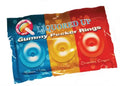 Liquored up gummy rings candy bag with blue, yellow, and red ring graphics