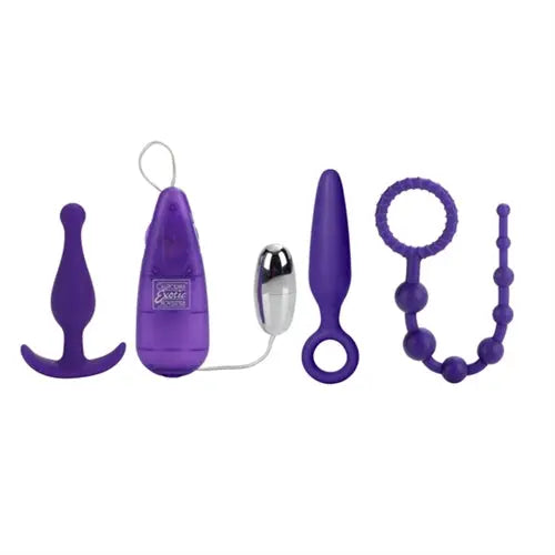 Purple silicone anal kit set with butt plug, pump, and two-ball anal beads.