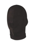 Open-mouth stretch hood in dark fabric, rounded face opening and full coverage