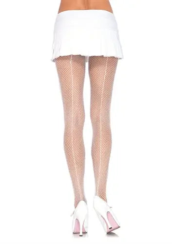 White fishnet pantyhose with back seam, sheer thigh-high coverage