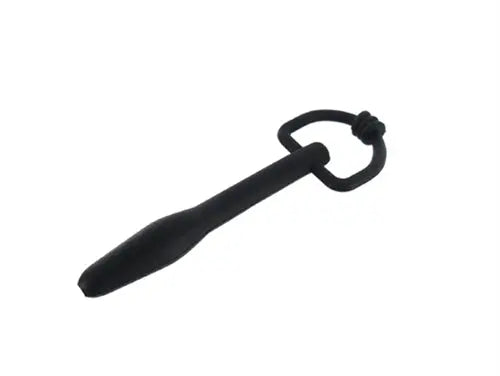 Black silicone cum-thru D-ring penis plug with loop handle