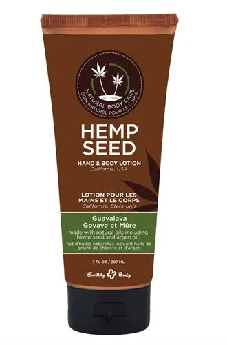 Hemp seed hand and body lotion tube, brown with black cap, Guavalava scent