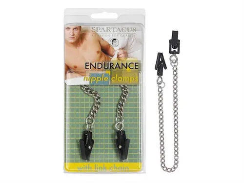 Plastic grabber clamps with link chain: two black clamps with silver chain