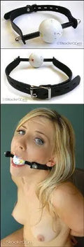 Jawbreaker ball gag with black strap harness and white ball insert