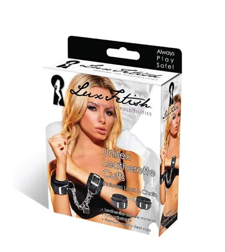 Unisex leatherette cuffs set, black with silver-tone buckles and chain accents