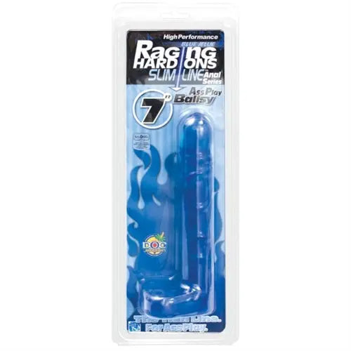 Blue 7-inch slimline anal play sex toy with ballsy plug