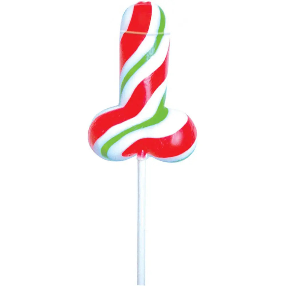 Holiday novelty candy cock pop on a stick, red green white stripes