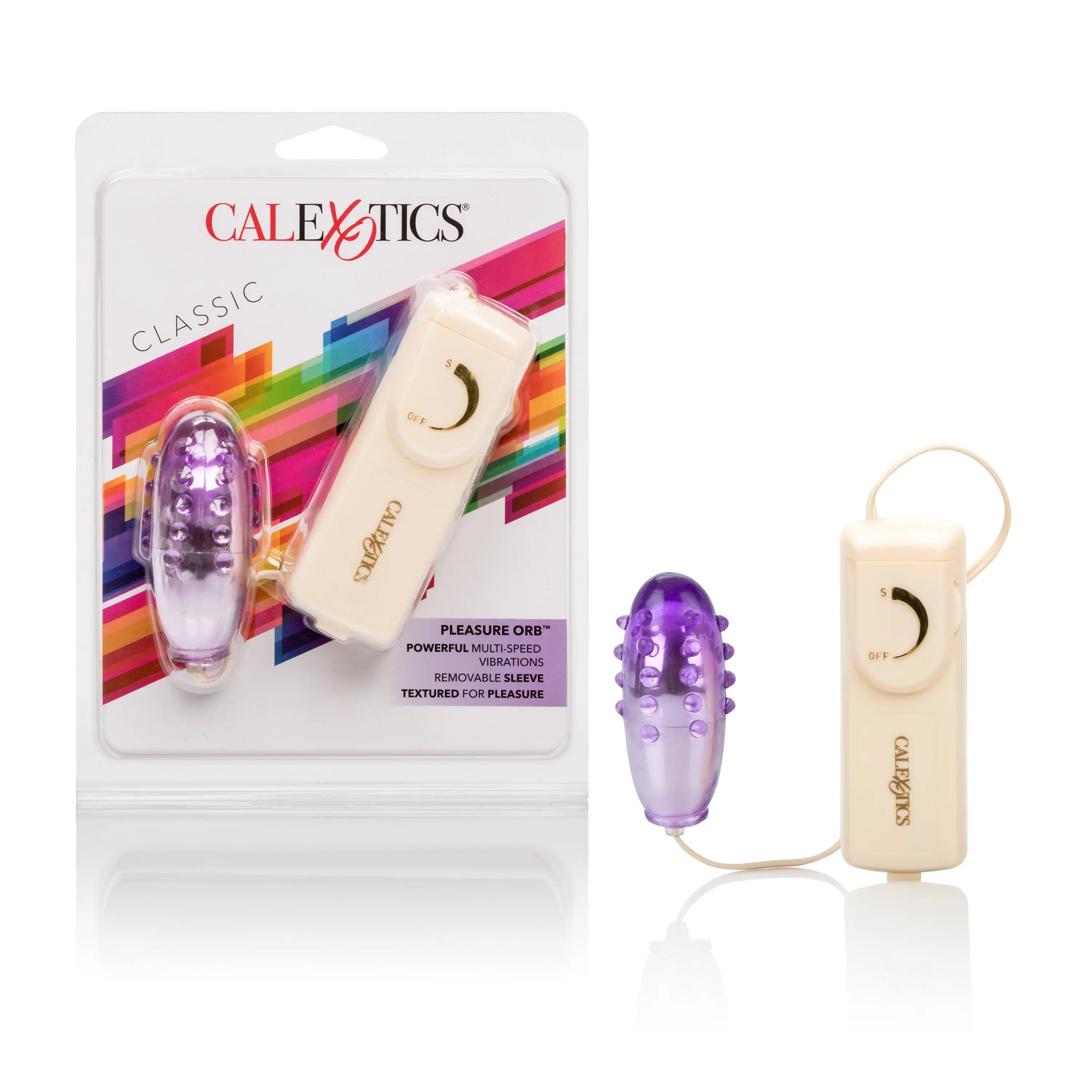 Purple textured vibrating egg toy with remote control, shown in retail packaging