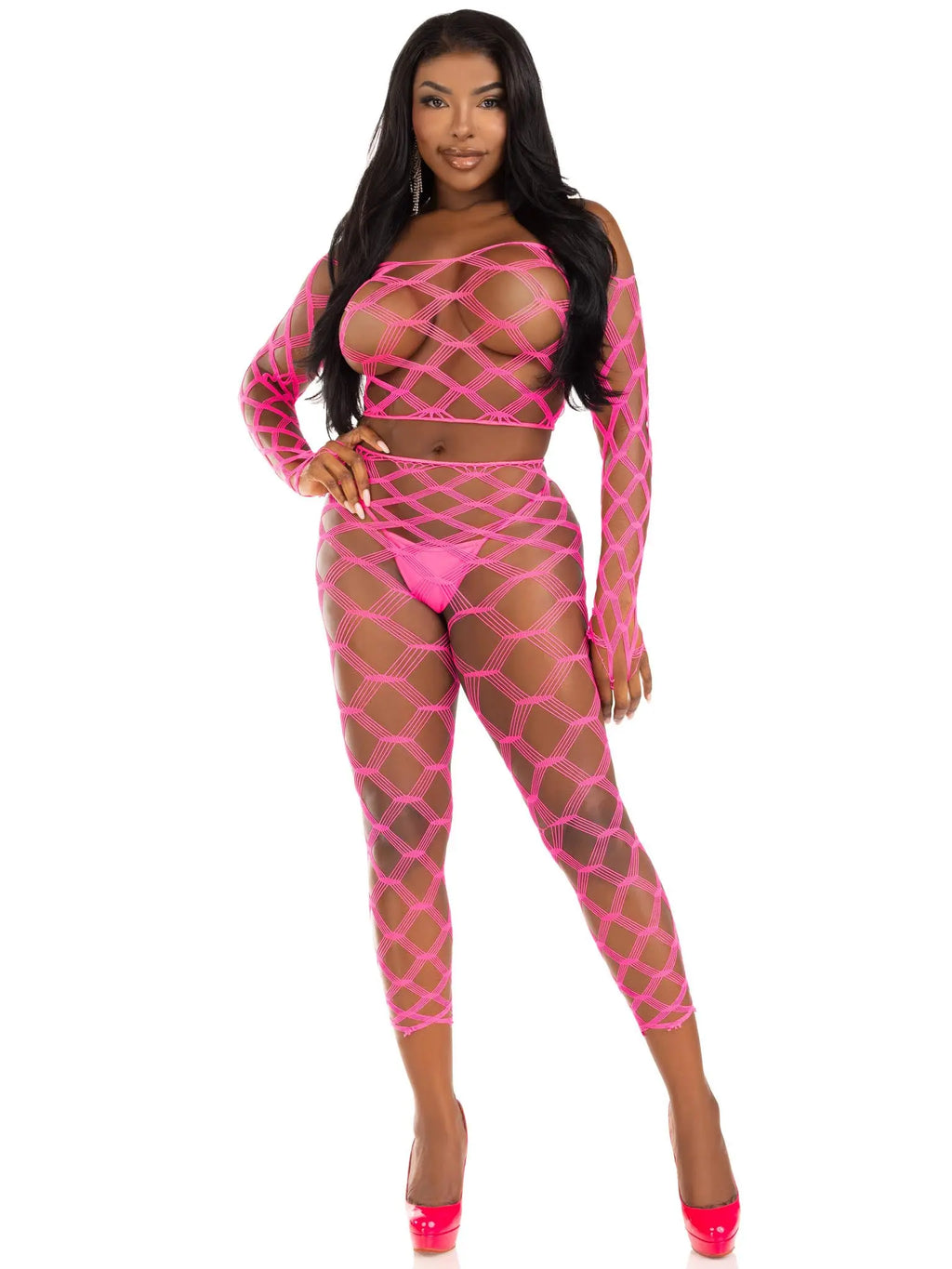 2 Pc Net Crop Top and Footless Tights - One Size - Neon Pink – body-safe materials | Fu'Cha Exotics