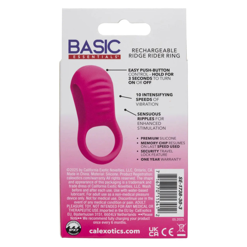 Basic Essentials Rechargeable Ridge Rider Ring - Pink – body-safe silicone 10 vibration modes | Fu'Cha Exotics
