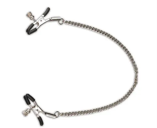 Adjustable nipple clips with silver-tone chain and two clothespin-style clamps