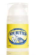 Boy Butter Original 2 oz lubricant pump bottle with yellow label and clear cap