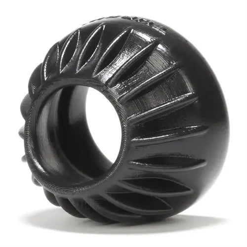 Black ribbed turbine-style cockring with rounded base