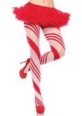 Red and white candy striped sheer pantyhose with soft red top trim