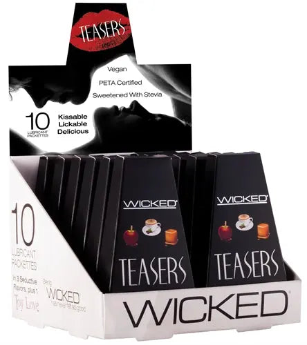 Teasers lubricant packet display with 10 count packets in black and red box