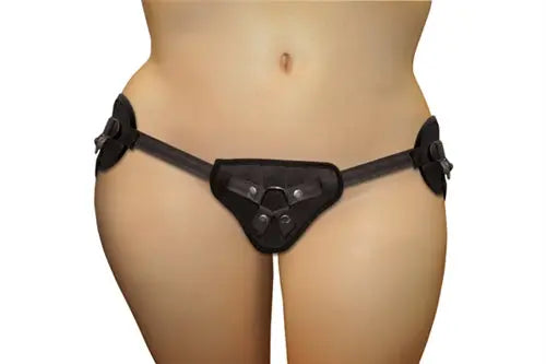Plus size black strap-on harness with front oval panel and adjustable side straps