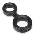 Black 8-ball cock ring with attached ball ring, two interlinked loops