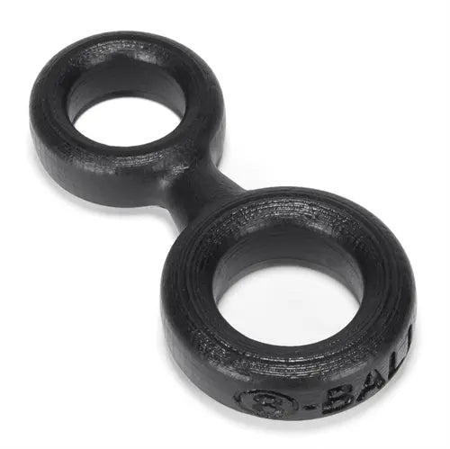 Black 8-ball cock ring with attached ball ring, two interlinked loops