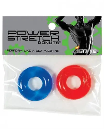 Power Stretch donut rings 2-pack: blue and red elastic grips in sealed bag