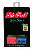 Adult dice game card with red script lettering and four colorful dice squares