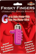 Magenta vibrating finger bullet sex toy in blister package, with raised soft nubbies
