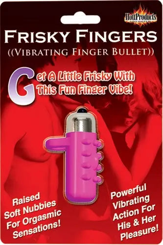 Magenta vibrating finger bullet sex toy in blister package, with raised soft nubbies