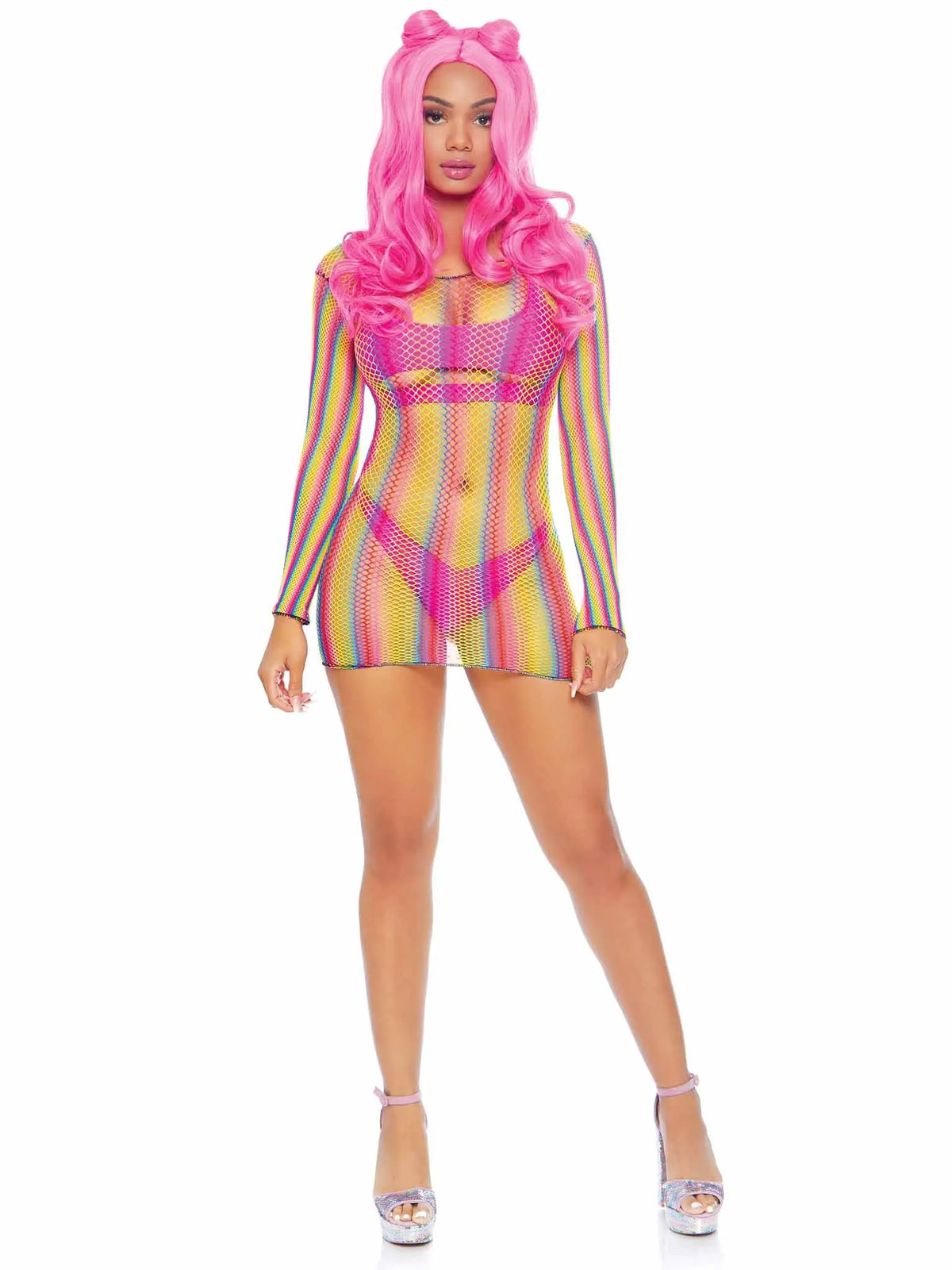 Rainbow Fishnet Long Sleeved Mini Dress - One Size - Rainbow – body-safe materials | Fu'Cha Exotics