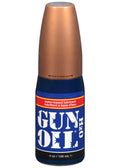 Gun oil bottle, water-based lubricant, 4 oz, dark blue label with red stripe