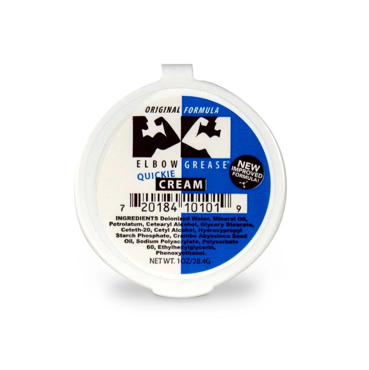Elbow Grease cream in a round plastic tub with white lid and blue label