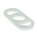 Clear translucent silicone pump enhancer with three oval openings, U-shaped