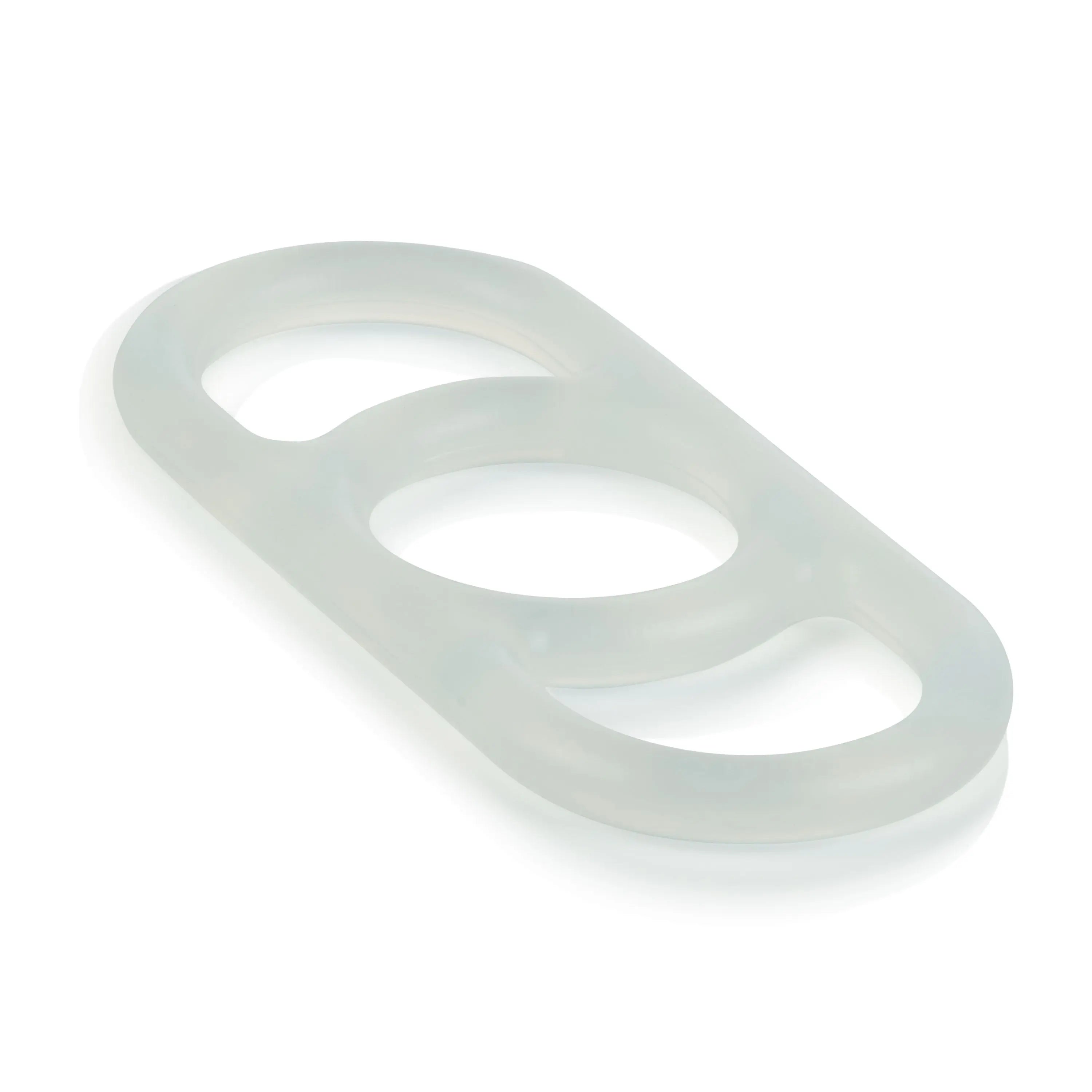 Clear translucent silicone pump enhancer with three oval openings, U-shaped