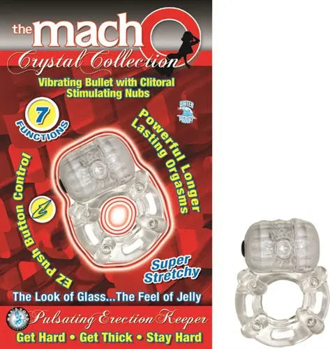 Clear translucent vibrating pleasure ring with round opening and raised inner patterns