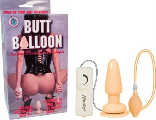 Butt balloon sex toy set: beige inflatable insert and hand pump, in black packaging