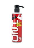 Hot gel bottle with black pump, red label and white text