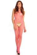 Pink industrial net suspender bodystocking with thong-style bottom, sleeveless