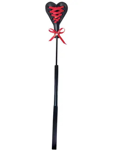 Black stick with red heart top and crossed laces, tied with a red bow