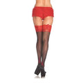 Lace top stockings with dark sheer legs and red lace garter-style upper