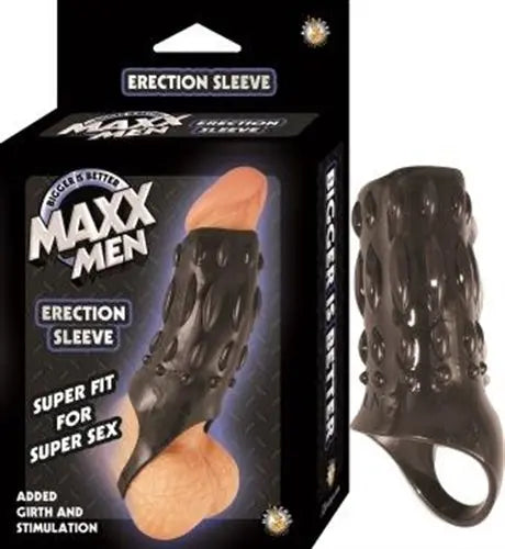 Black erection sleeve with textured body and open ring base, for added stimulation.