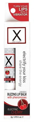 Electric Cherry lip balm in white and red tube packaging with X logo and "CHERRY" text