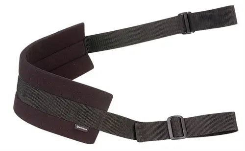 Doggie style strap in dark fabric with padded center and adjustable buckles