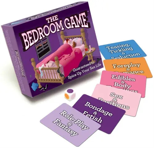 Bedroom card game with purple box, illustrated bed, and word cards