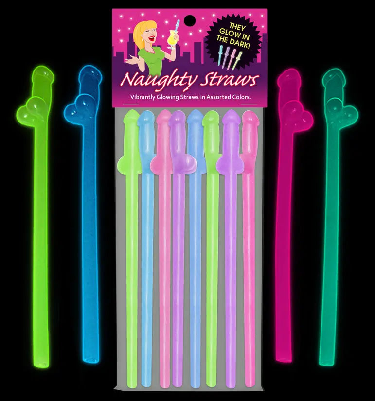 Glow-in-the-dark drinking straws assortment in neon green, blue, pink, purple, and light colors