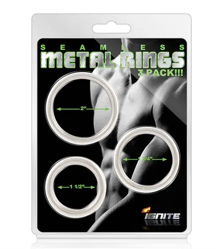 3-pack seamless metal rings, silver tone, with diameter markings on package