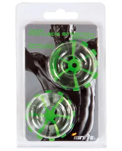 Thick power stretch donut wheels, 2-pack, clear with green accents in blister pack