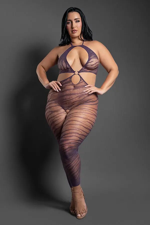 Set Me Free Footless Open Crotch Bodystocking - Queen - Dark Purple – body-safe materials | Fu'Cha Exotics