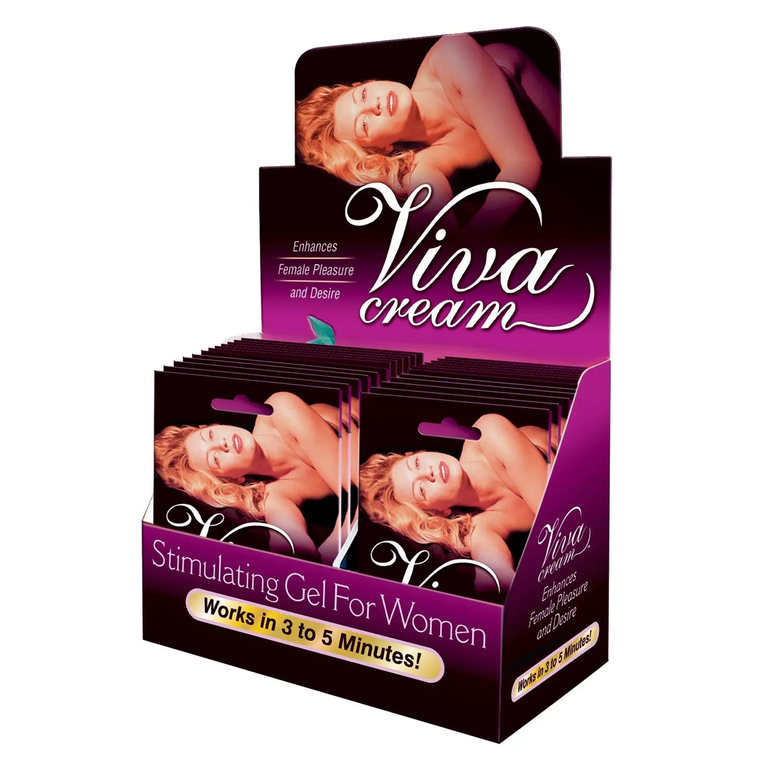 Viva cream women's gel display box in purple with product photos