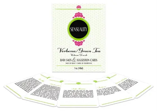 Sensuality bath set box with Verbena and Green Tea label and bath salts cards