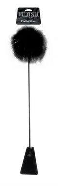 Feather crop accessory with black fluffy feather tuft on long rod and base