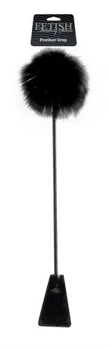 Feather crop accessory with black fluffy feather tuft on long rod and base